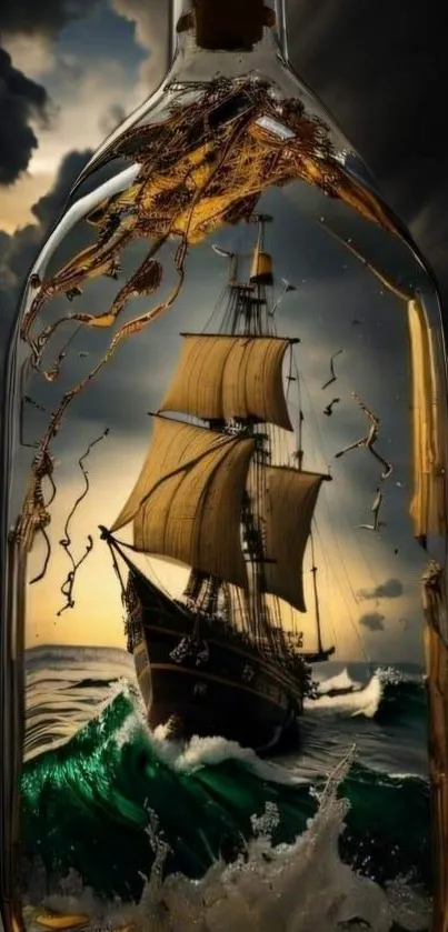 Ship in a bottle with ocean waves and stormy sky, perfect for nautical themes.