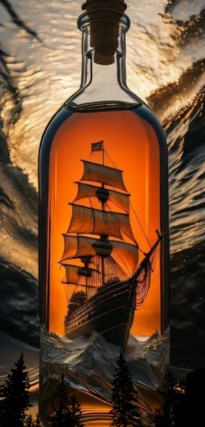 Ship inside a bottle against a sunset background on mobile wallpaper.