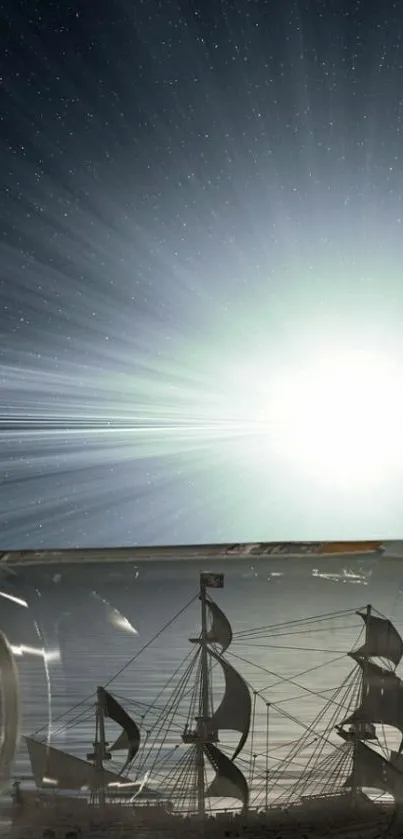 Ship in a bottle with starry sky and sunlight burst.