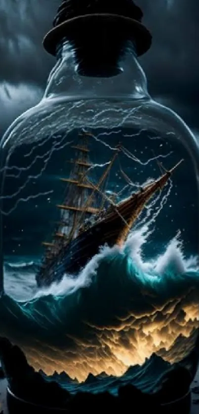 Ship sailing in a stormy ocean contained within a glass bottle under dark clouds.