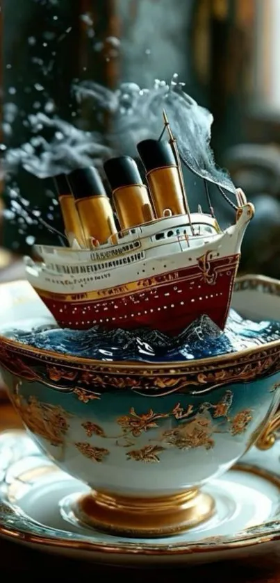 Fantasy image of a ship sailing in a teacup.