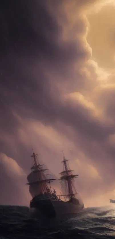 Ship navigating stormy sea under dramatic cloudy sky, intense and powerful.