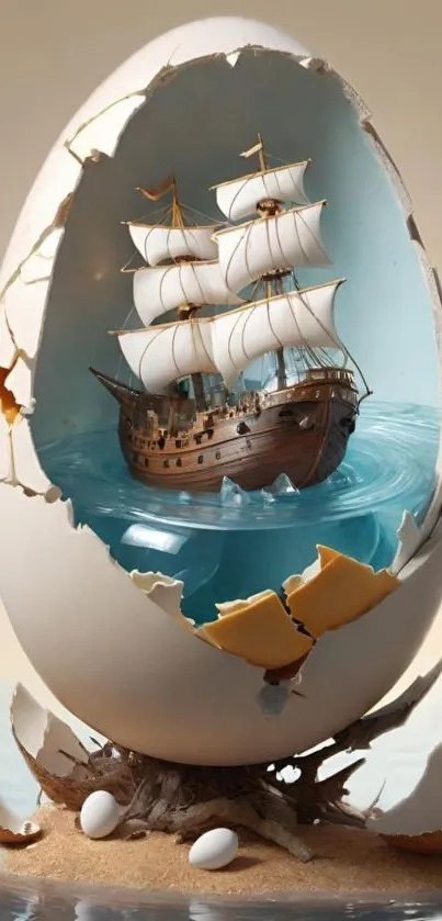 A fantasy wallpaper featuring a ship inside a giant egg with a surreal touch.