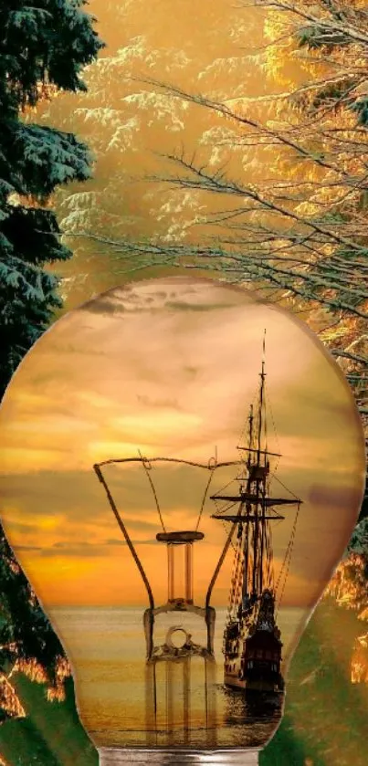 Ship inside light bulb in forest with sunset background.