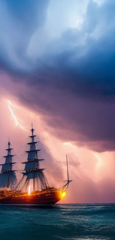 Majestic ship sailing under stormy sky with vivid orange lightning.