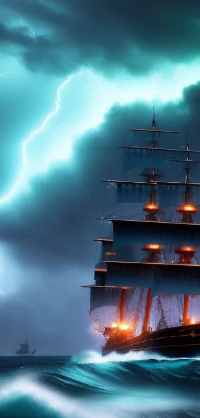 Majestic ship sails through stormy sea under dramatic lightning sky.