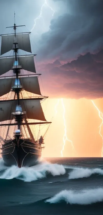 Majestic ship sailing through a storm with lightning and waves.