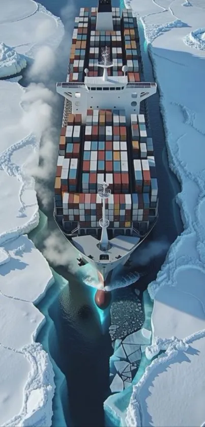 Aerial view of a cargo ship navigating through icy waters.