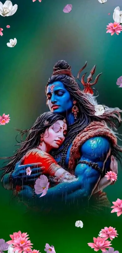 Shiva and Parvati embrace amidst flowers in vibrant mobile wallpaper.