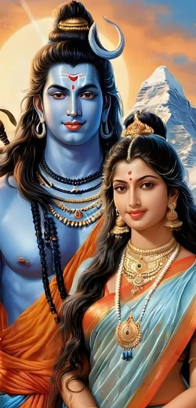 Artistic depiction of Shiva and Parvati in vivid Hindu mythology style.