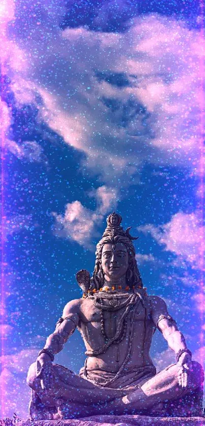 Serene statue of Shiva amidst cosmic clouds and purple aura.