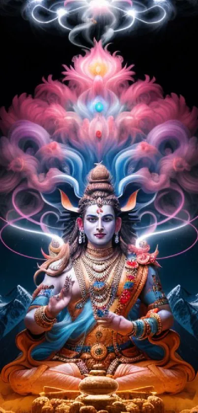 Colorful Shiva sitting in divine meditation with vibrant aura.