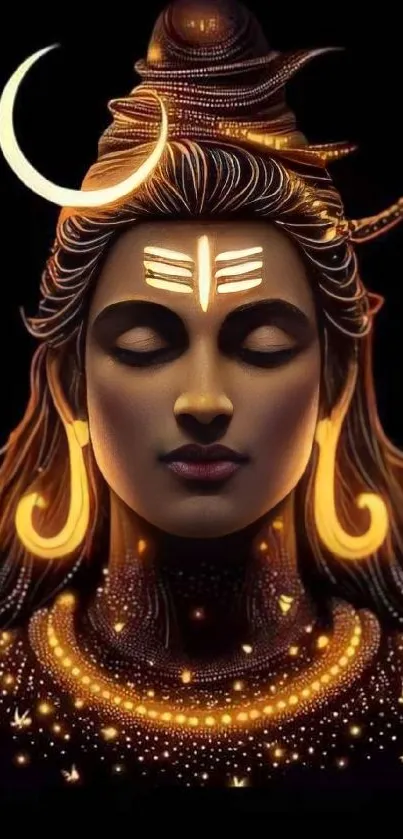 Glowing art of Lord Shiva with crescent moon on black background.