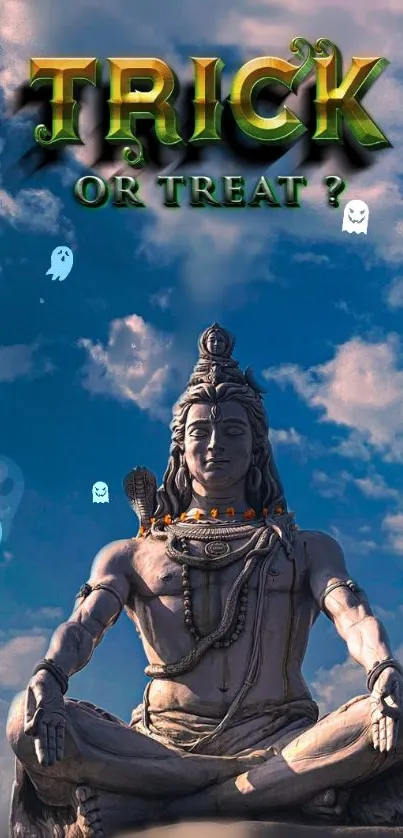 Shiva statue with Halloween theme and sky background.