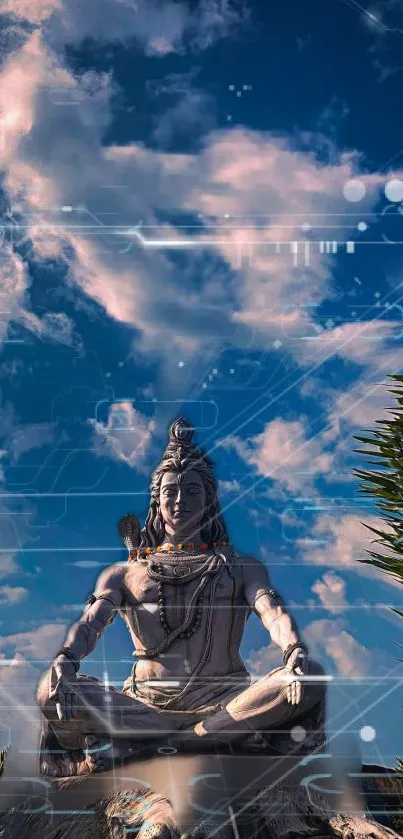 Shiva statue with digital sky background.