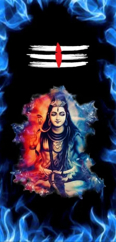 Wallpaper of Lord Shiva with blue flames and spiritual symbols.