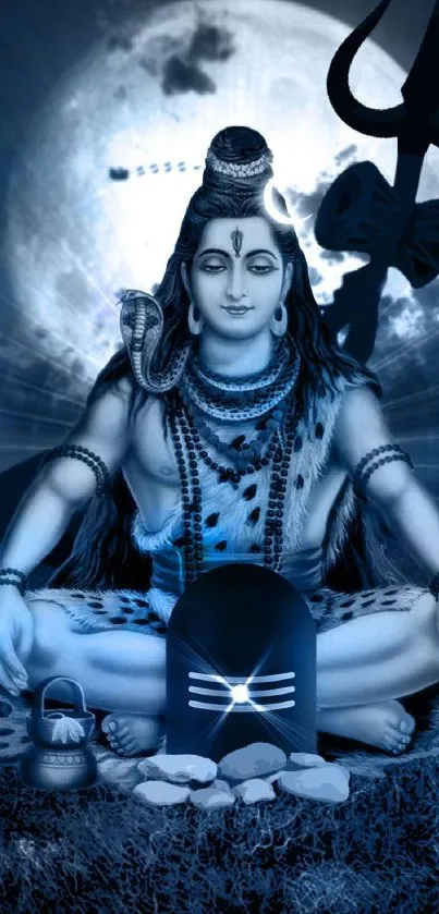 Shiva in meditation under a moonlit sky, with a tranquil and spiritual atmosphere.