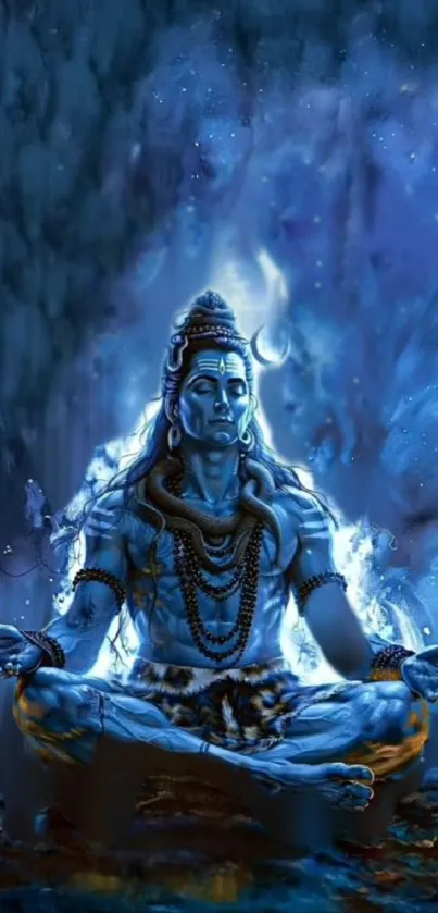 Shiva meditating in a serene blue cosmic background wallpaper.