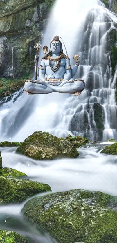 Serene scene of Lord Shiva meditating by a majestic waterfall surrounded by nature.