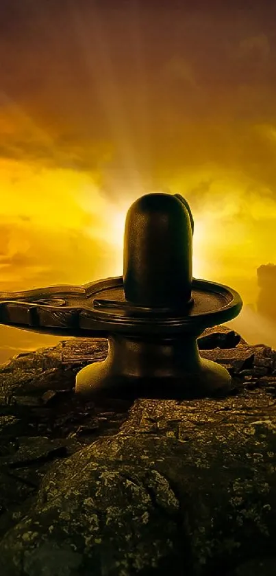 Shiva lingam on rocky hilltop with vibrant sunrise backdrop.