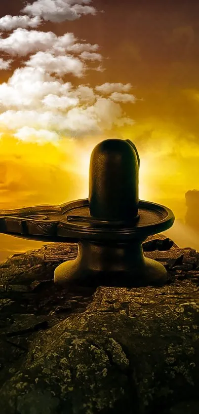 Shiva Lingam on a rock with a golden sunset and dramatic clouds.