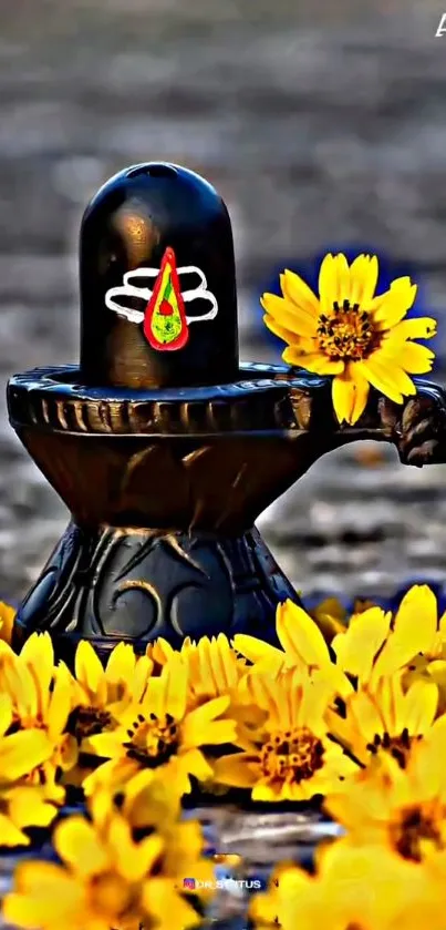 Mobile wallpaper featuring a Shivling with bright yellow flowers.