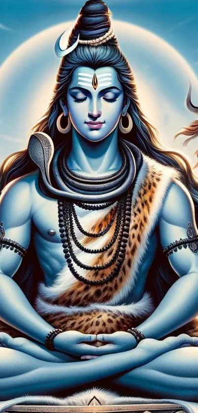 Digital art of Lord Shiva meditating with a celestial background.