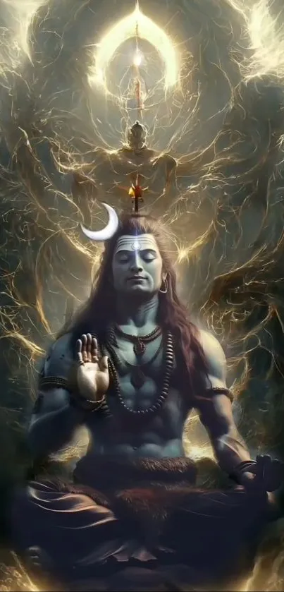 Shiva in meditation surrounded by celestial and fantasy elements.