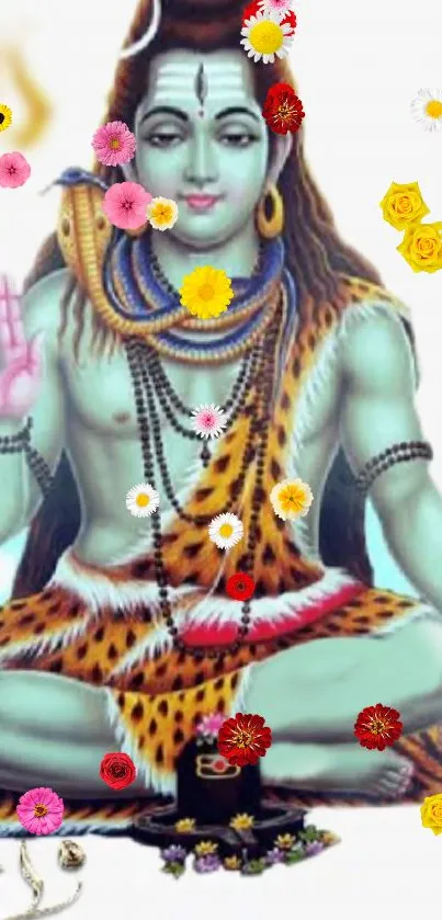 Lord Shiva in meditation with flowers on a vibrant mobile wallpaper.