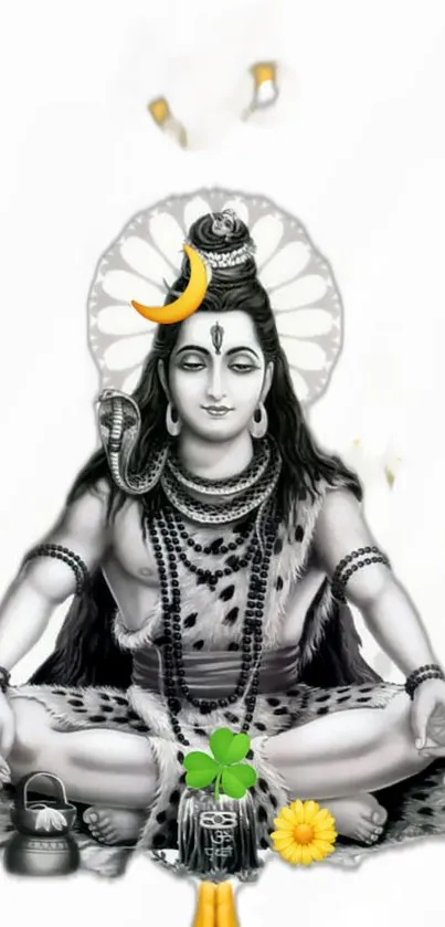 Shiva in meditation with divine symbols in grayscale.