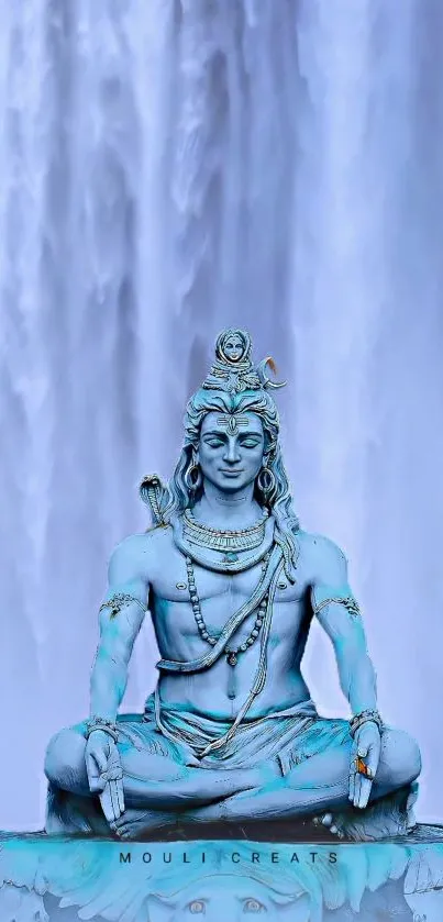 Meditating Lord Shiva statue with waterfall background.