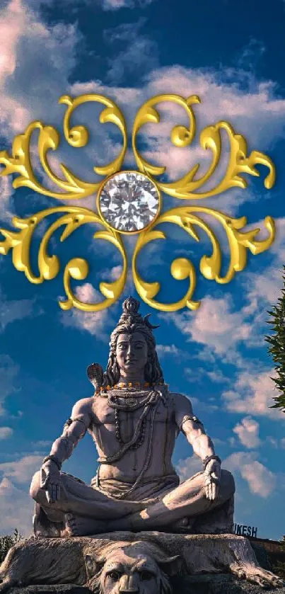 Shiva statue with ornate design under a vibrant blue sky.