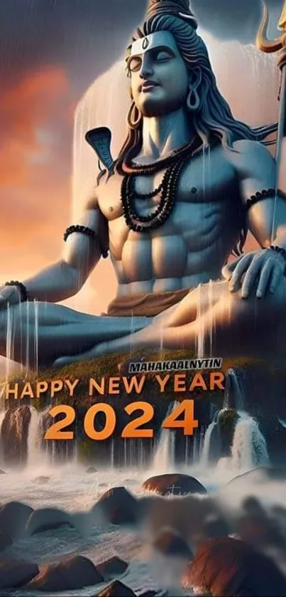 Lord Shiva New Year 2024 wallpaper with serene landscape and glowing sunset.