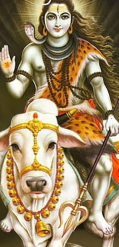 Lord Shiva riding Nandi, spiritual art wallpaper.