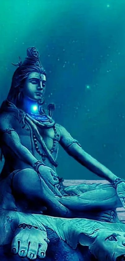 Shiva in serene meditation with a mystical blue backdrop.