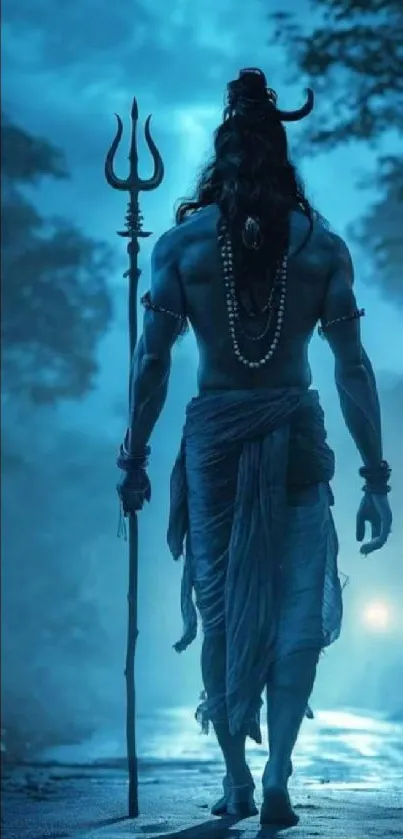 Silhouette of Shiva against a blue night sky.