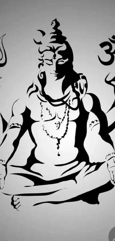 Silhouette of Shiva with trident and Om symbol on gray background.