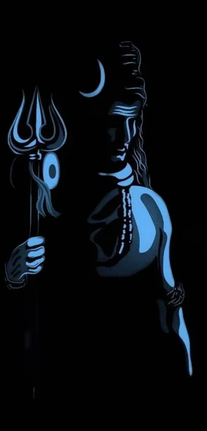 Silhouette of Lord Shiva with trident in black and blue tones.