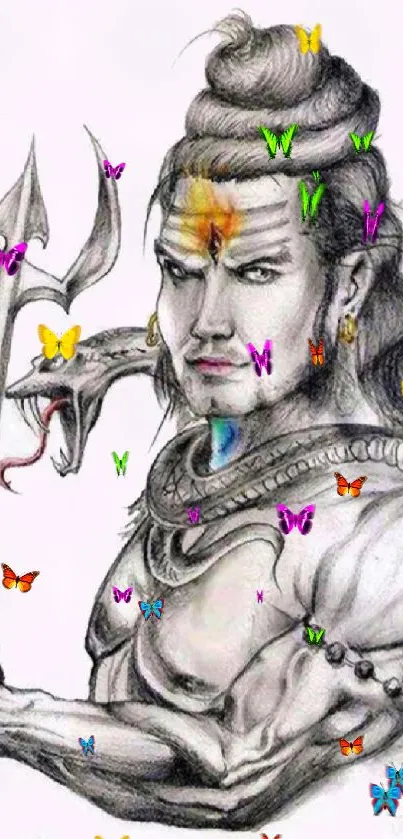 Sketch of Shiva holding a trident with a snake around his neck.