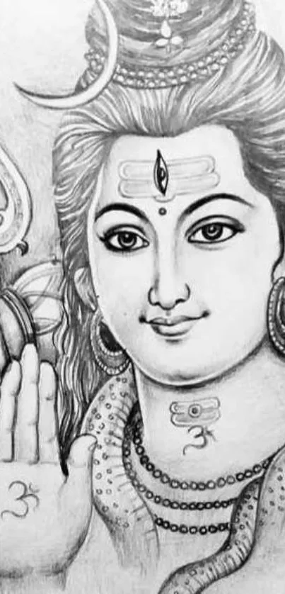 Grayscale sketch of Lord Shiva in detailed line art.