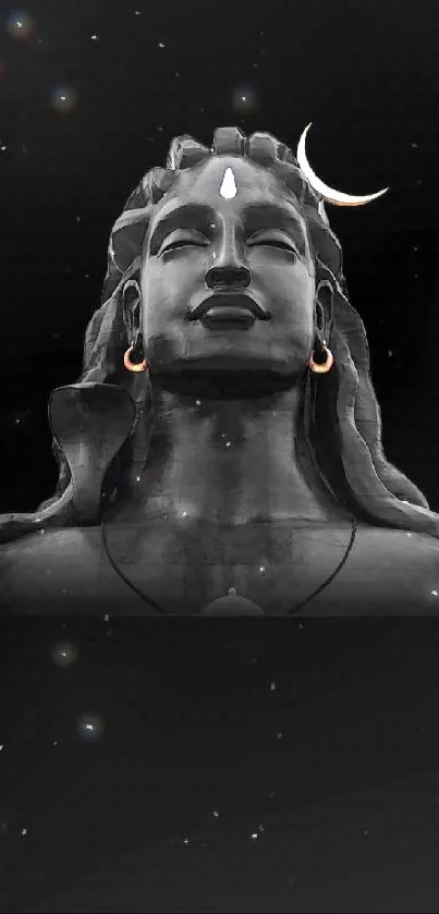 Mobile wallpaper of dark Shiva statue with crescent moon on black background.