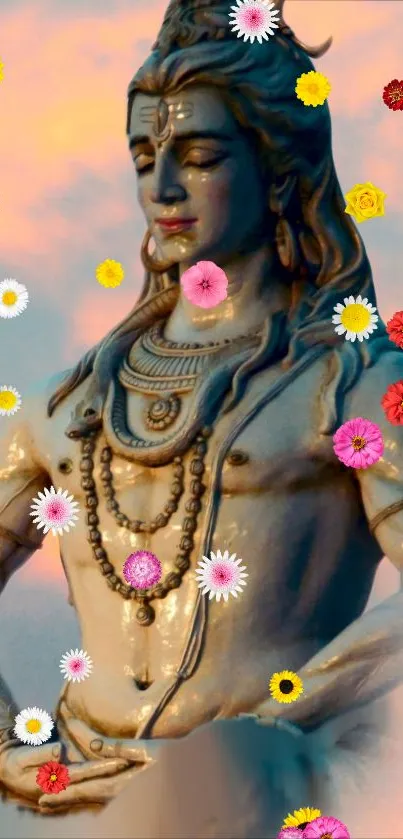 Shiva statue with colorful flowers and sunset backdrop.