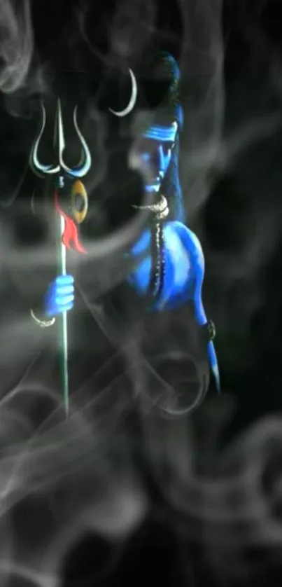 Lord Shiva with trident amidst mystical smoke.