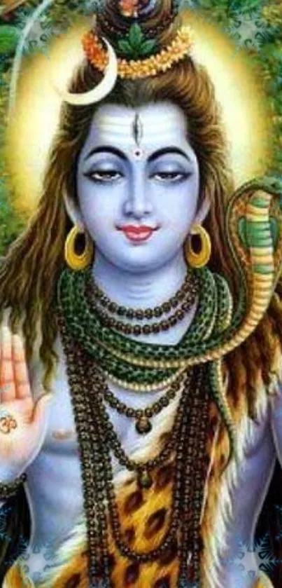 Vibrant wallpaper of Lord Shiva with divine attributes and serene expression.