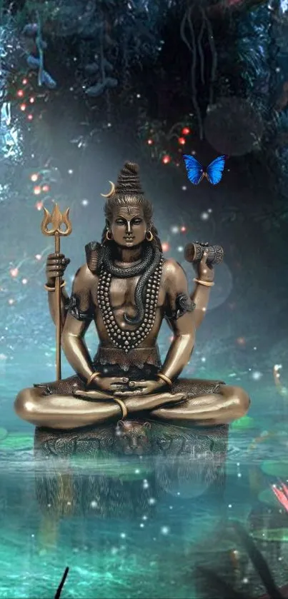 Shiva meditating in a mystical forest with a butterfly.