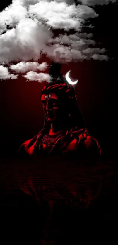 Shiva silhouette with red hues under crescent moon and clouds.