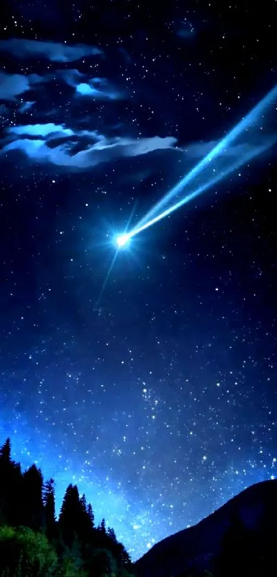 Stunning wallpaper of a shooting star in a vibrant night sky over silhouetted trees.