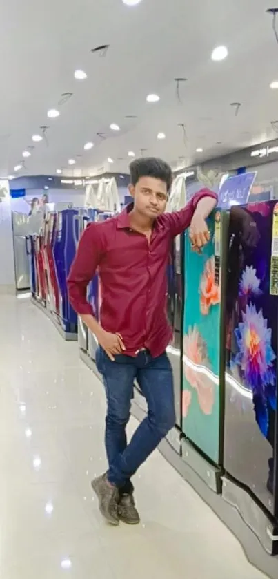 Person in a showroom with colorful appliances and decor