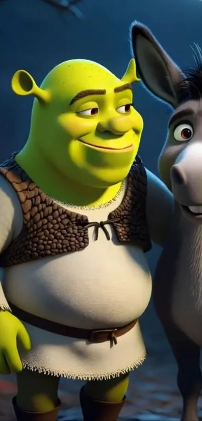 Shrek and Donkey animated characters posing together.