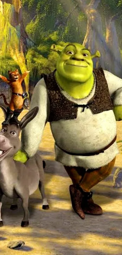 Shrek, Donkey, and Puss in Boots in a forest scene mobile wallpaper.